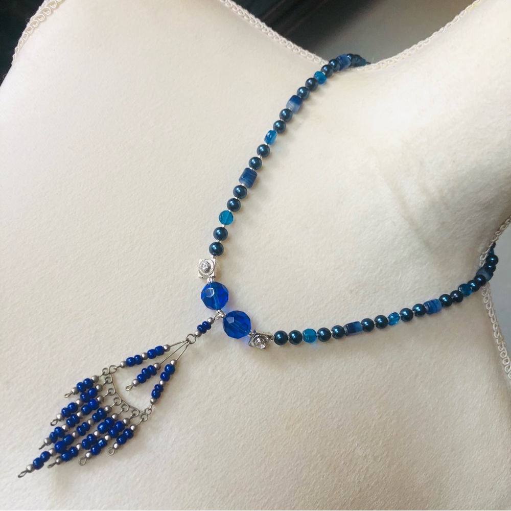 Handcrafted repurpose royal blue seed bead chandelier Czech glass Pearl necklace